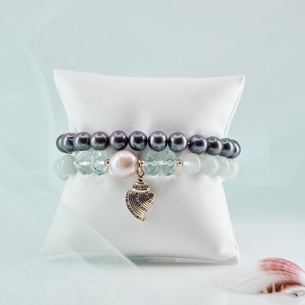 Charm Bracelet Set of 2, Black Peacock Pearls & Agate Edison Pearl w/Shell Charm